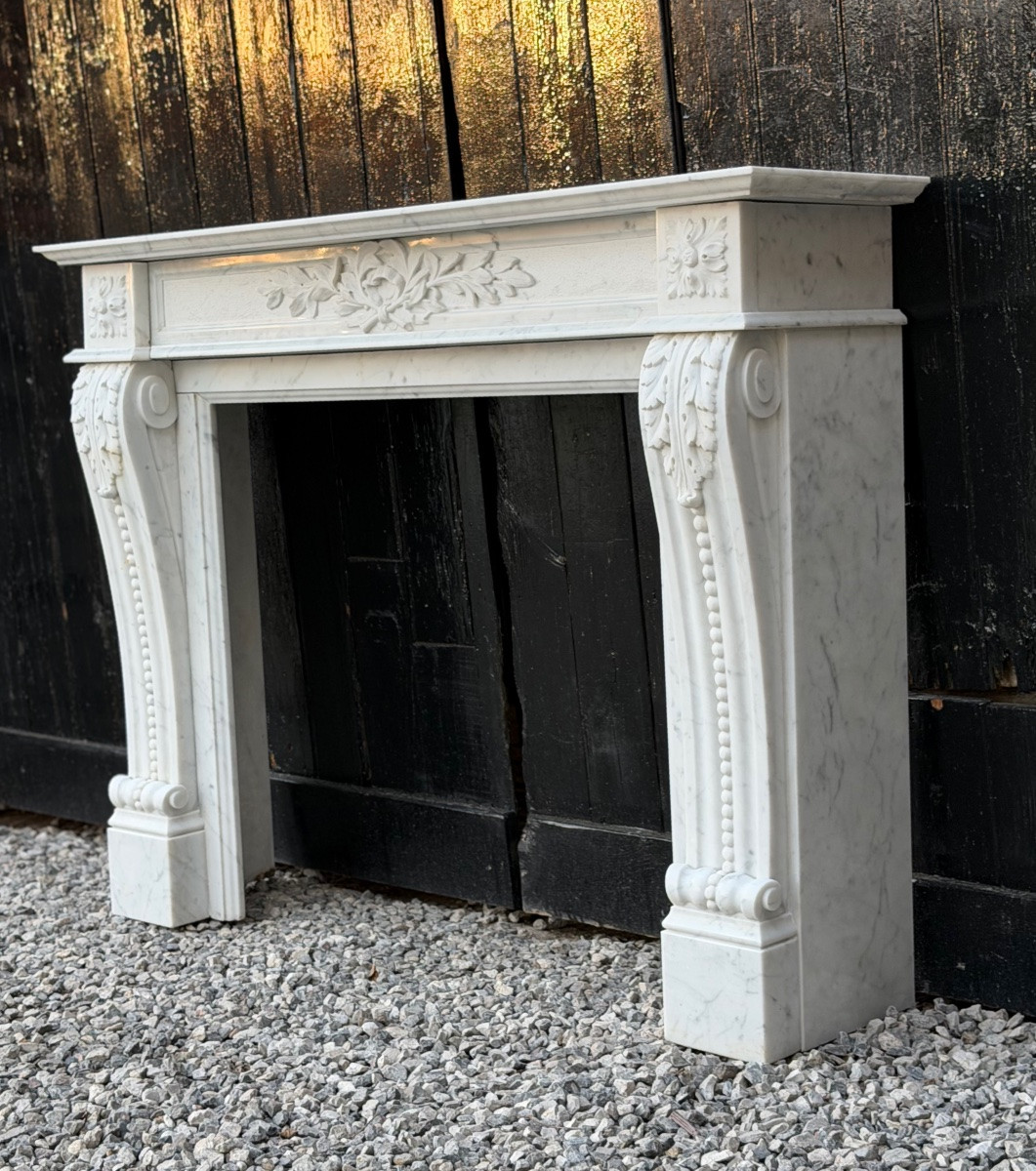 Cheminée de style Louis XV en marbre de Carrare, vers 1980-photo-2