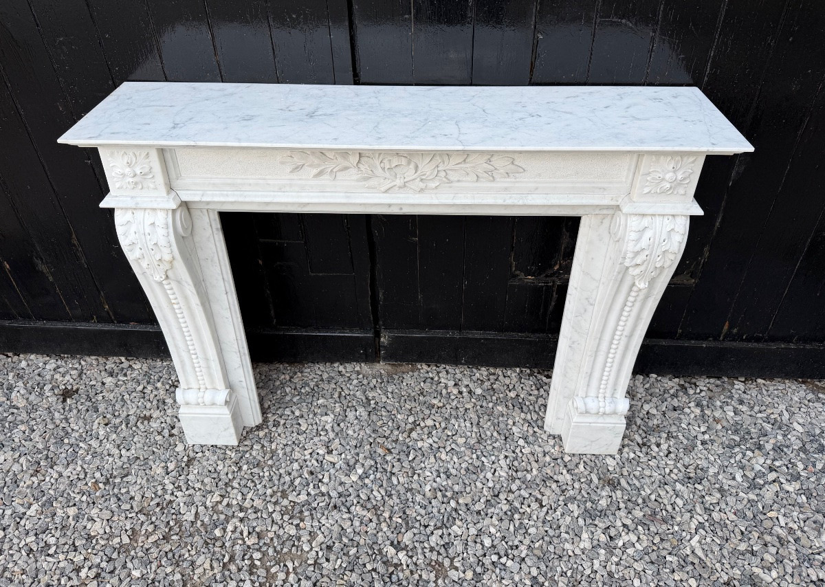 Cheminée de style Louis XV en marbre de Carrare, vers 1980-photo-3