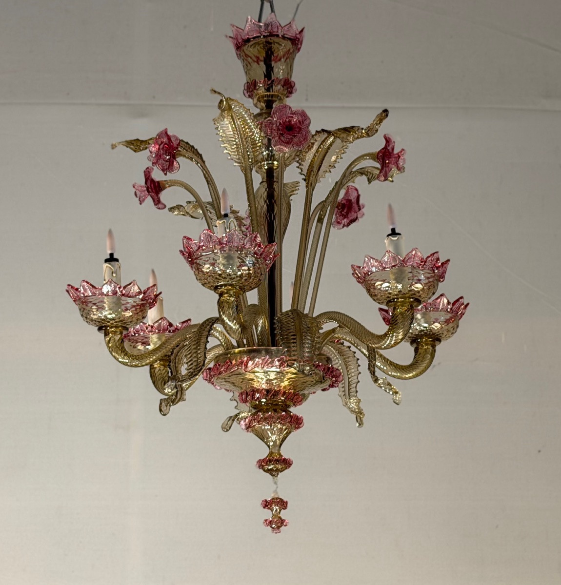 Venetian Chandelier In Pink And Gold Murano Glass, Circa 1930-photo-4