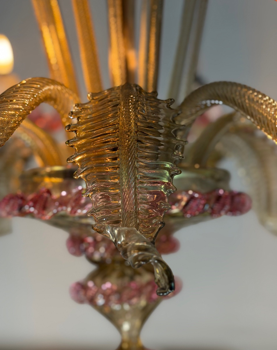 Venetian Chandelier In Pink And Gold Murano Glass, Circa 1930-photo-1