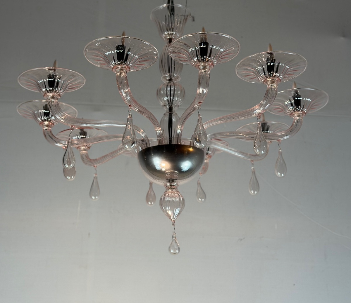 Venetian Chandelier In Pink Murano Glass, In The Style Of Venini -photo-2