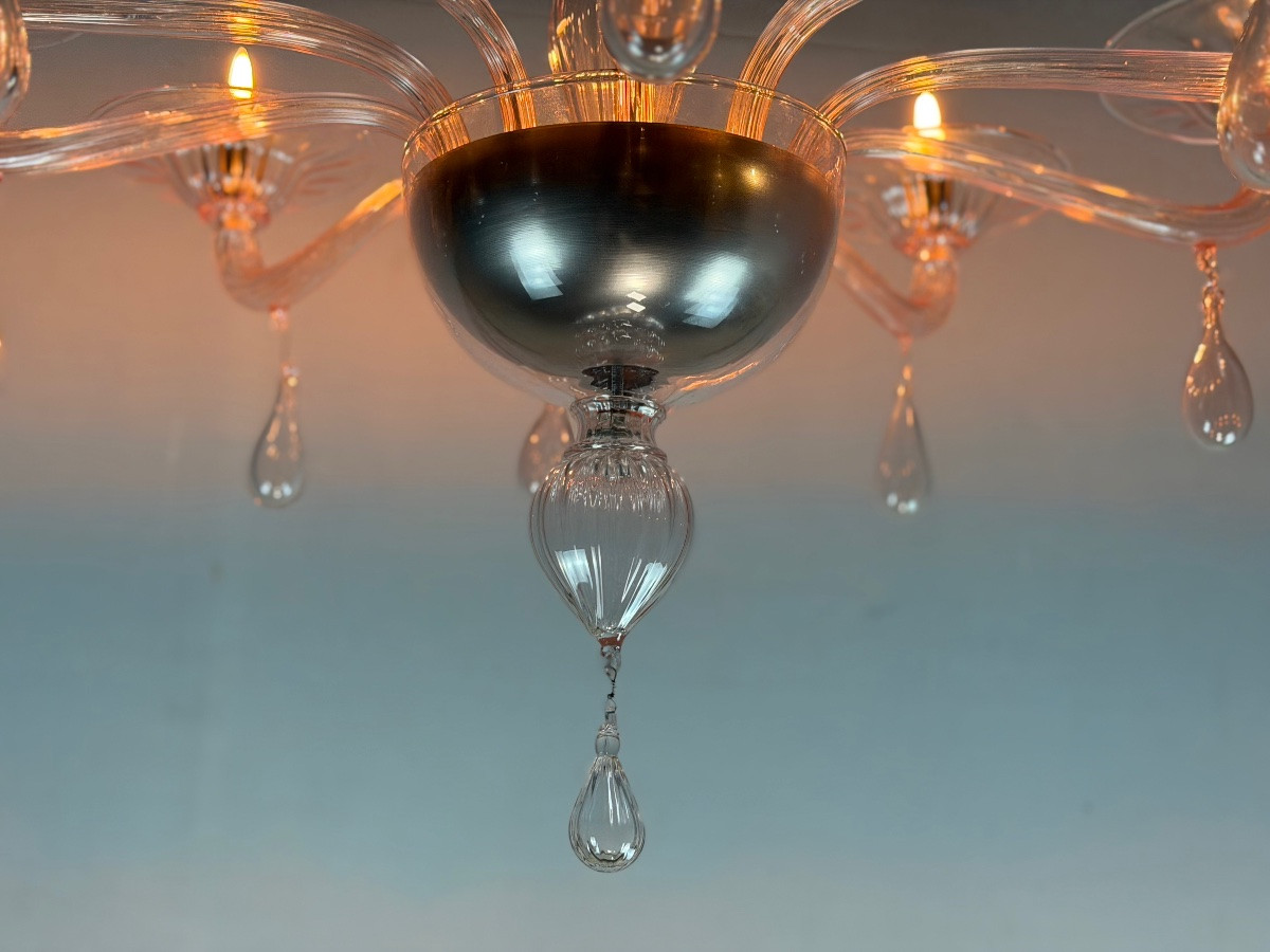 Venetian Chandelier In Pink Murano Glass, In The Style Of Venini -photo-2