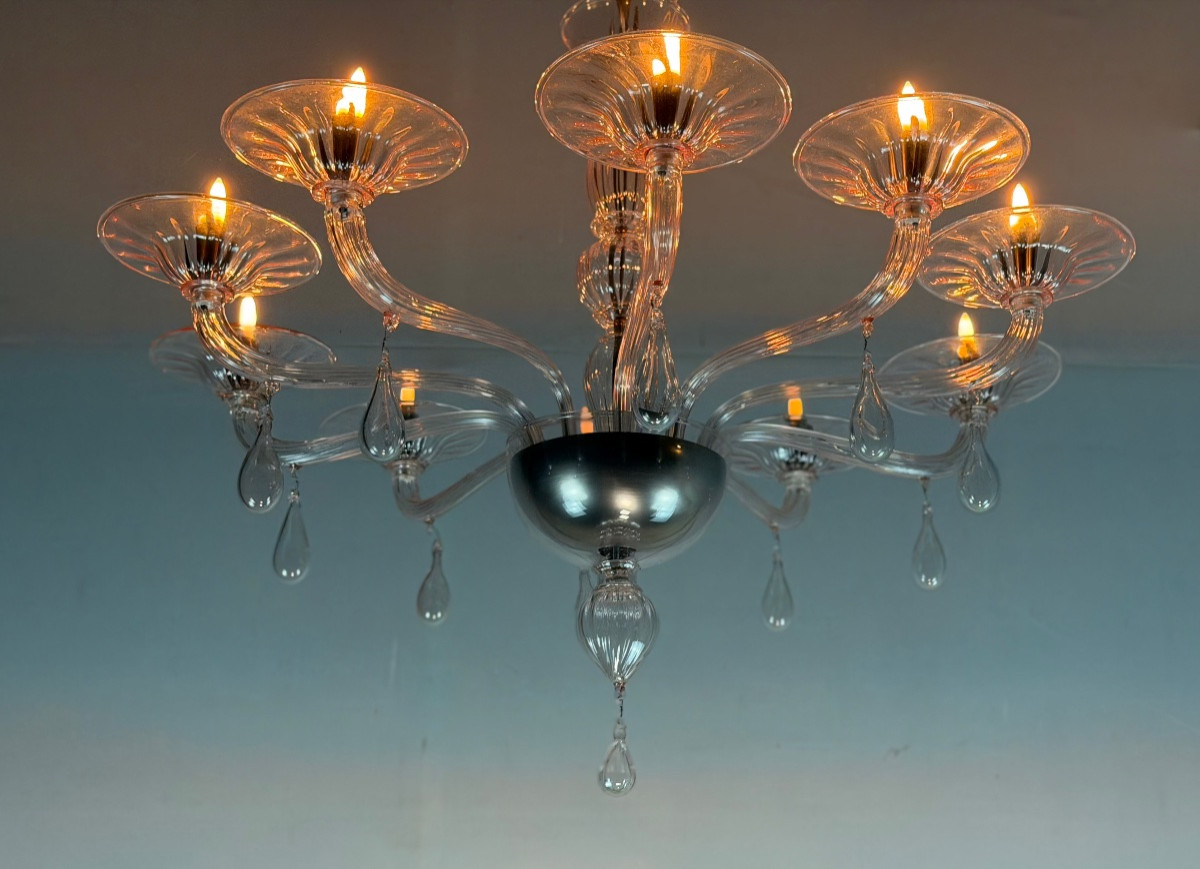 Venetian Chandelier In Pink Murano Glass, In The Style Of Venini -photo-8