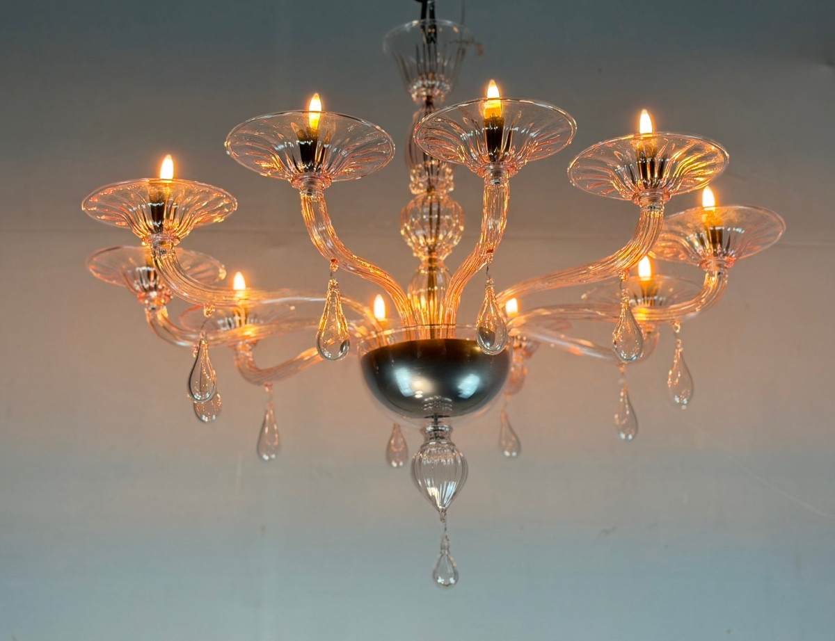 Venetian Chandelier In Pink Murano Glass, In The Style Of Venini 