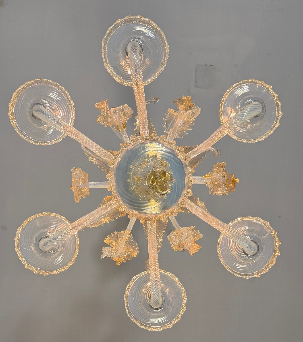 Venetian Chandelier In Blue And Gold Murano Glass, 6 Light Arms, Circa 1940 -photo-2