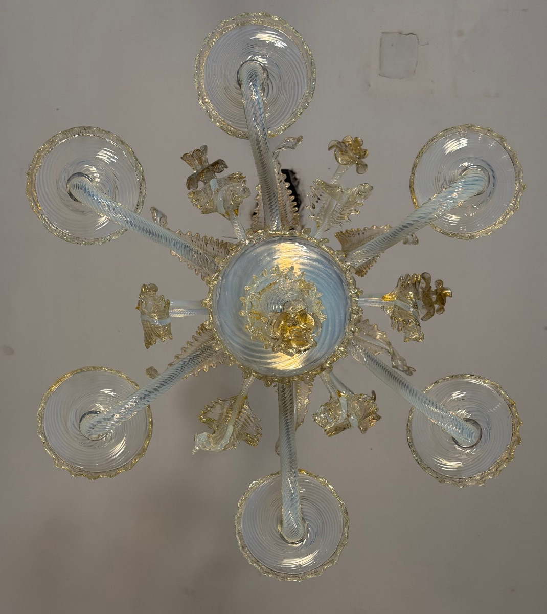 Venetian Chandelier In Blue And Gold Murano Glass, 6 Light Arms, Circa 1940 -photo-3