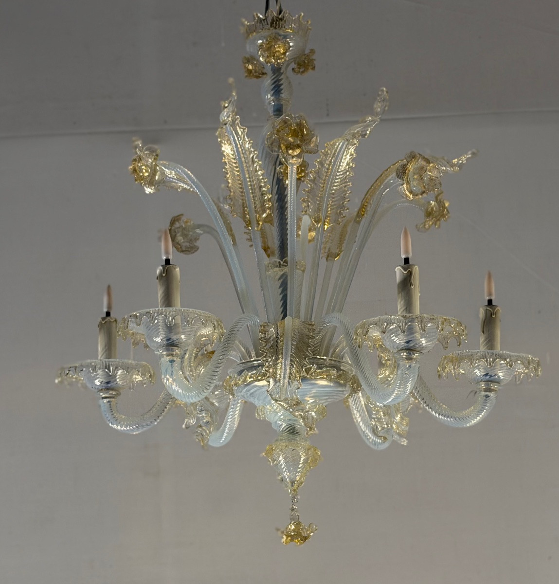 Venetian Chandelier In Blue And Gold Murano Glass, 6 Light Arms, Circa 1940 -photo-4