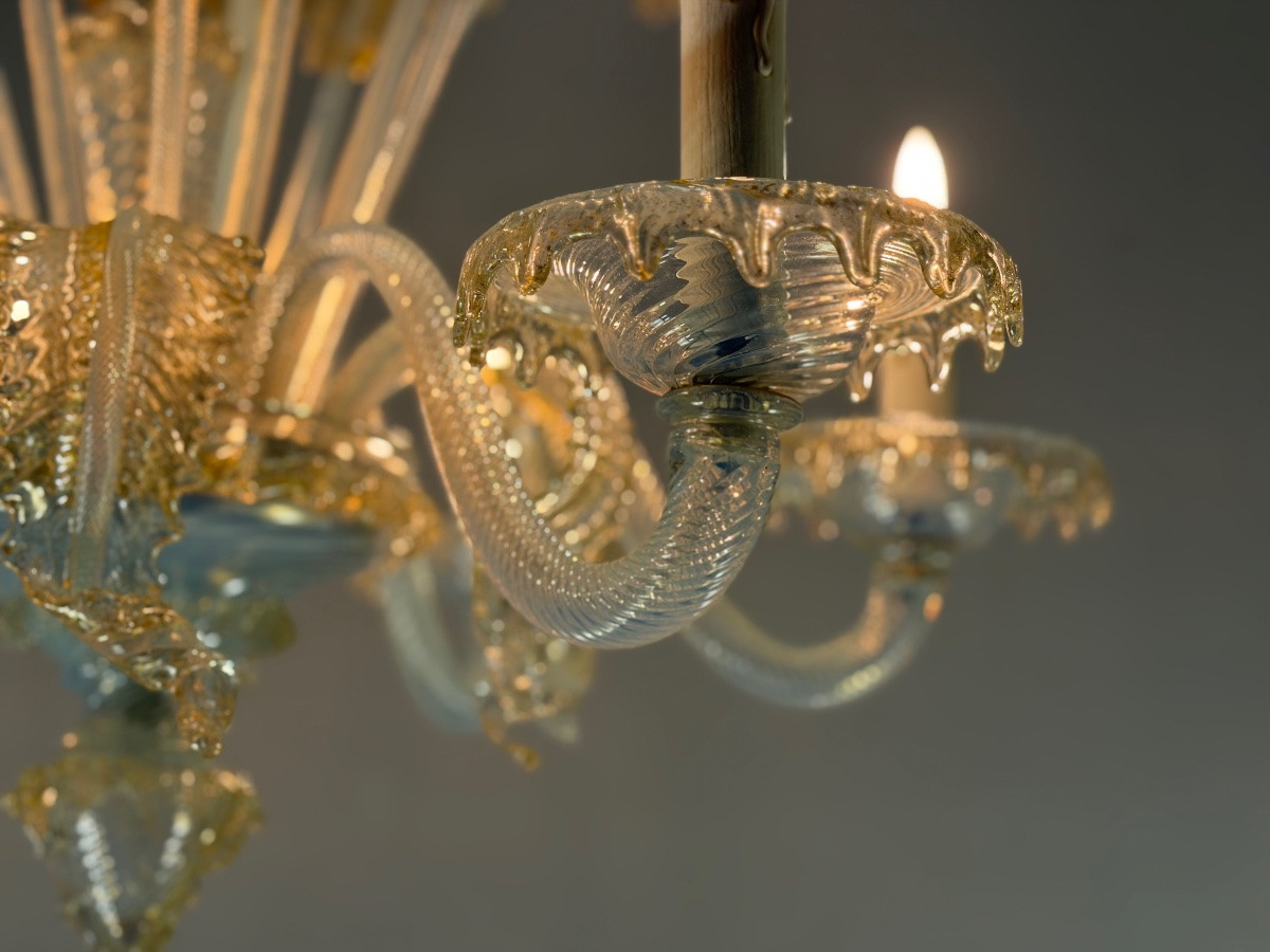 Venetian Chandelier In Blue And Gold Murano Glass, 6 Light Arms, Circa 1940 -photo-3