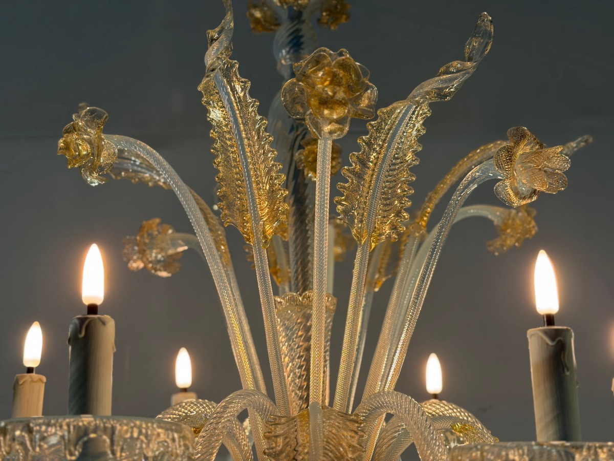 Venetian Chandelier In Blue And Gold Murano Glass, 6 Light Arms, Circa 1940 -photo-4