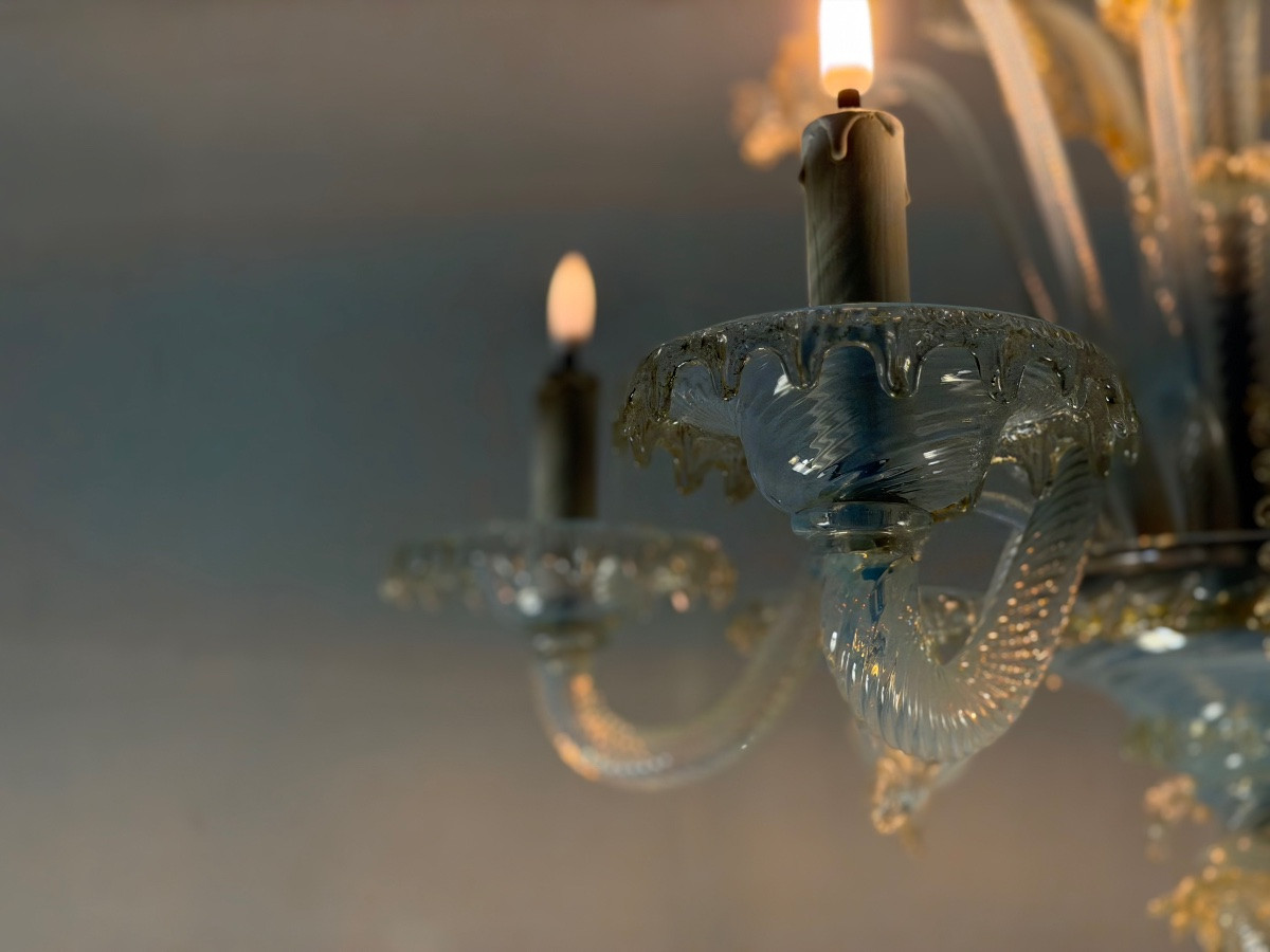 Venetian Chandelier In Blue And Gold Murano Glass, 6 Light Arms, Circa 1940 -photo-5