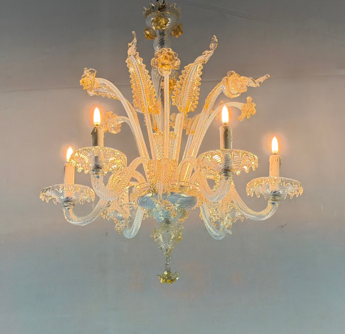 Venetian Chandelier In Blue And Gold Murano Glass, 6 Light Arms, Circa 1940 