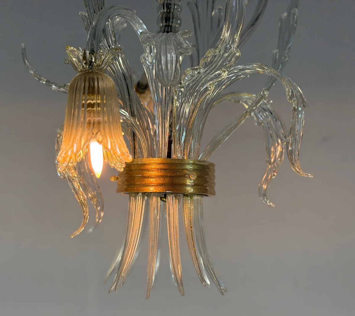 Asymmetrical Venetian Chandelier In Colorless And Gilded Murano Glass, Circa 1980-photo-3