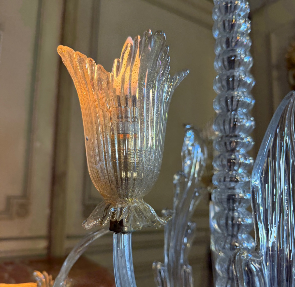 Asymmetrical Venetian Chandelier In Colorless And Gilded Murano Glass, Circa 1980-photo-4