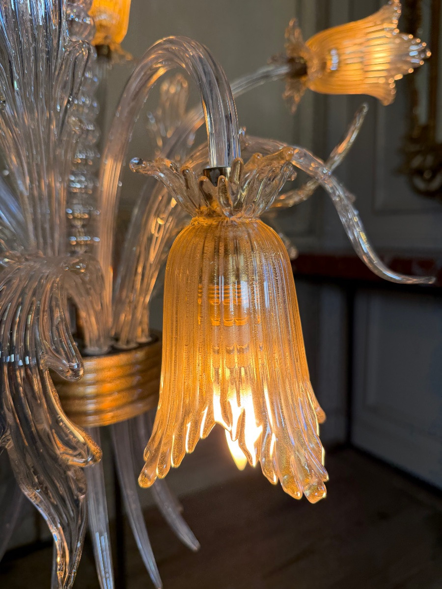 Asymmetrical Venetian Chandelier In Colorless And Gilded Murano Glass, Circa 1980-photo-5