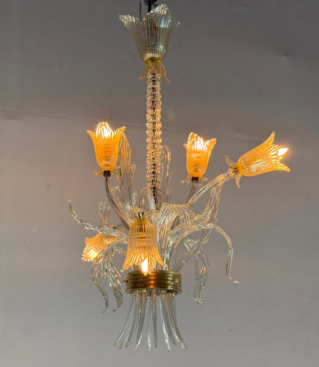 Asymmetrical Venetian Chandelier In Colorless And Gilded Murano Glass, Circa 1980