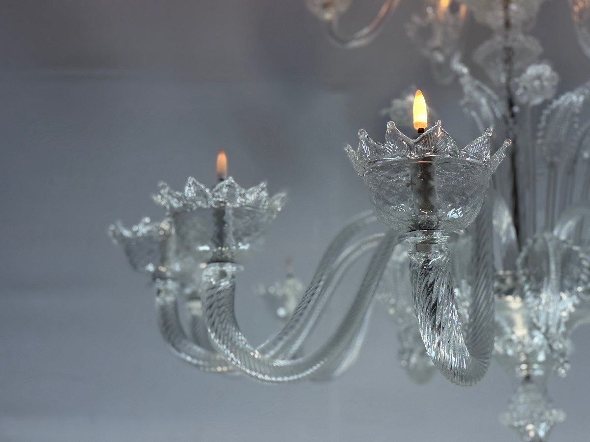 Lustre vénitien en verre de Murano incolore, 21 bras de lumière sur trois niveaux-photo-1