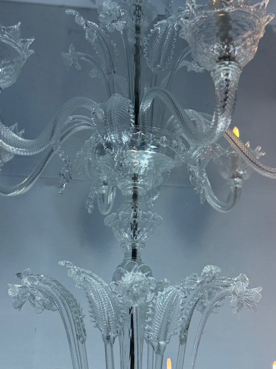 Lustre vénitien en verre de Murano incolore, 21 bras de lumière sur trois niveaux-photo-2