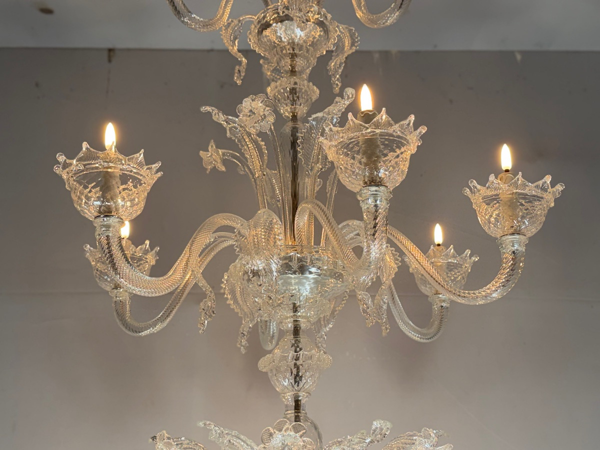 Lustre vénitien en verre de Murano incolore, 21 bras de lumière sur trois niveaux-photo-3