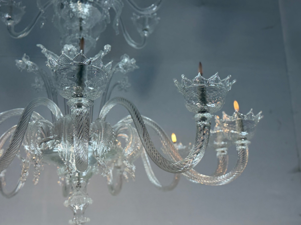 Lustre vénitien en verre de Murano incolore, 21 bras de lumière sur trois niveaux-photo-4