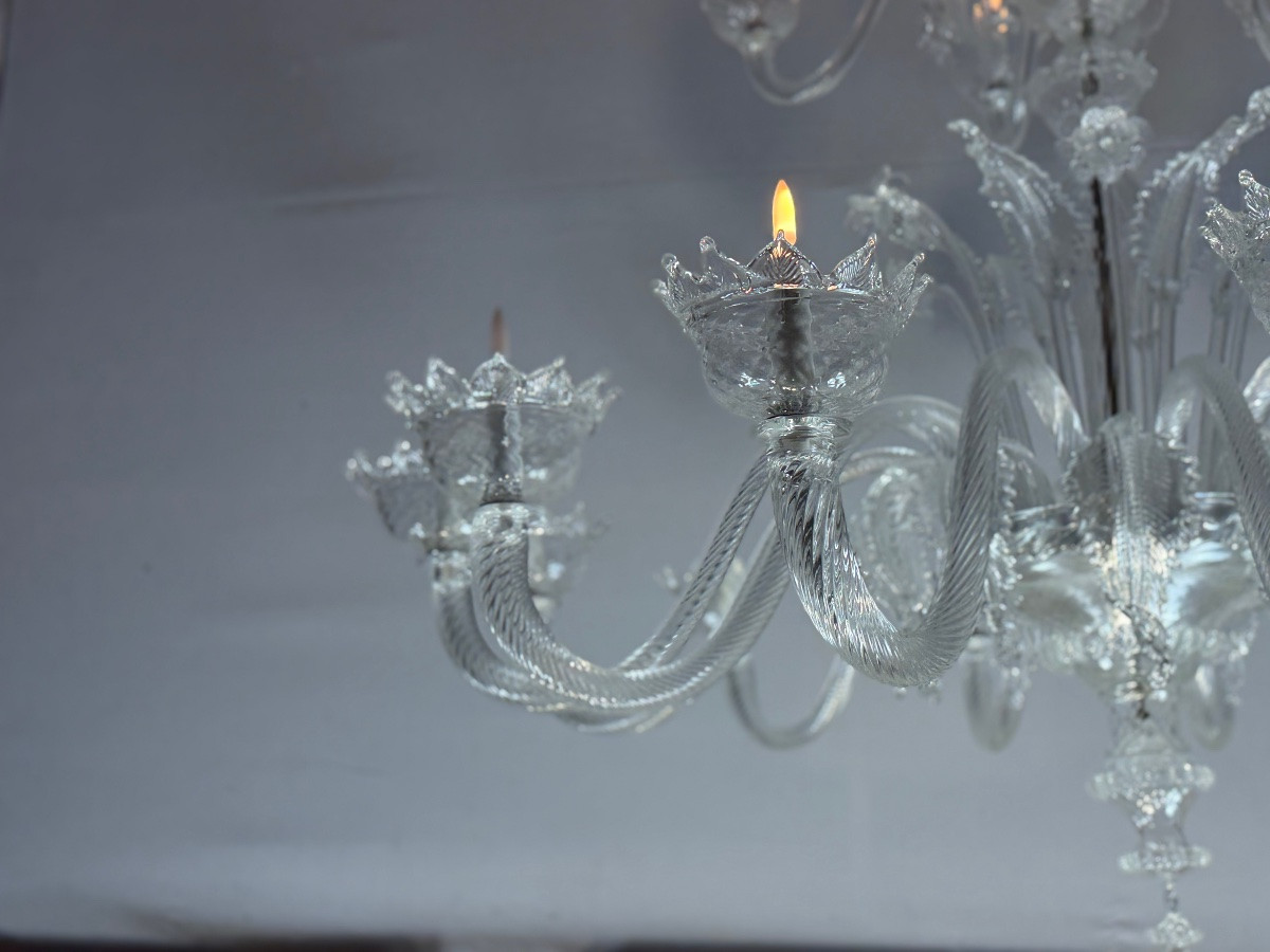 Lustre vénitien en verre de Murano incolore, 21 bras de lumière sur trois niveaux-photo-5