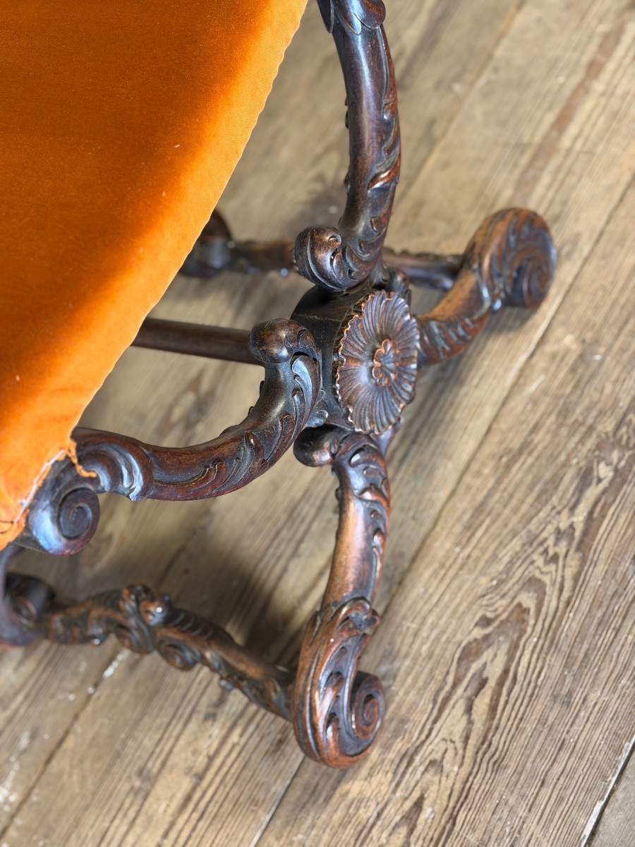 X-shaped Stool, Carved Wood, 19th Century-photo-3