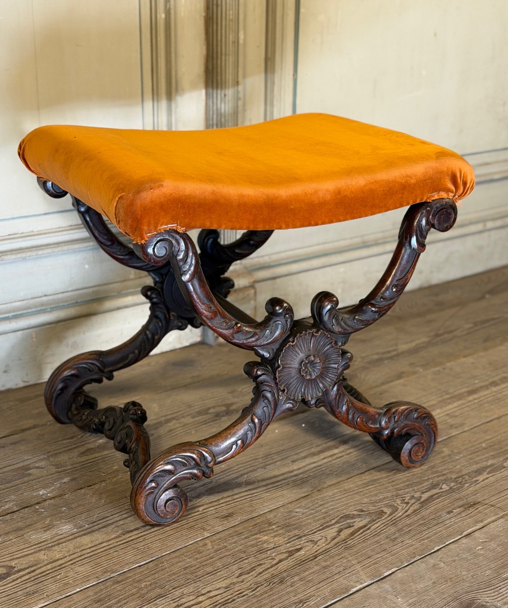X-shaped Stool, Carved Wood, 19th Century-photo-5