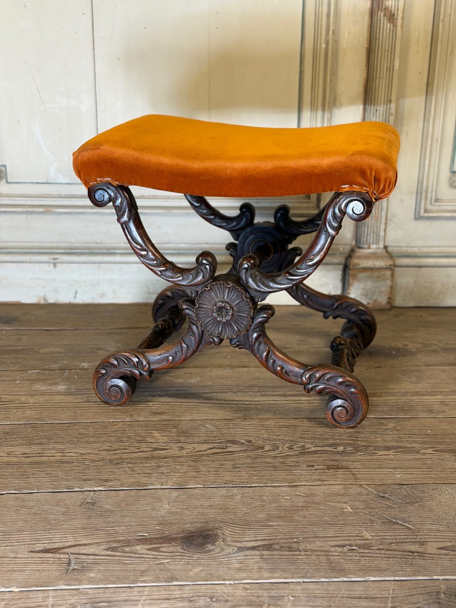 X-shaped Stool, Carved Wood, 19th Century-photo-7