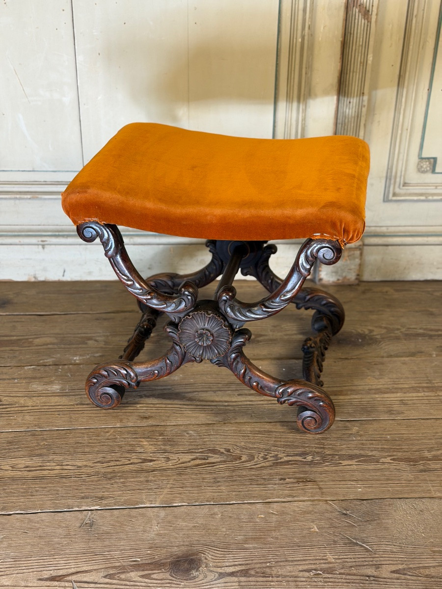 X-shaped Stool, Carved Wood, 19th Century-photo-8