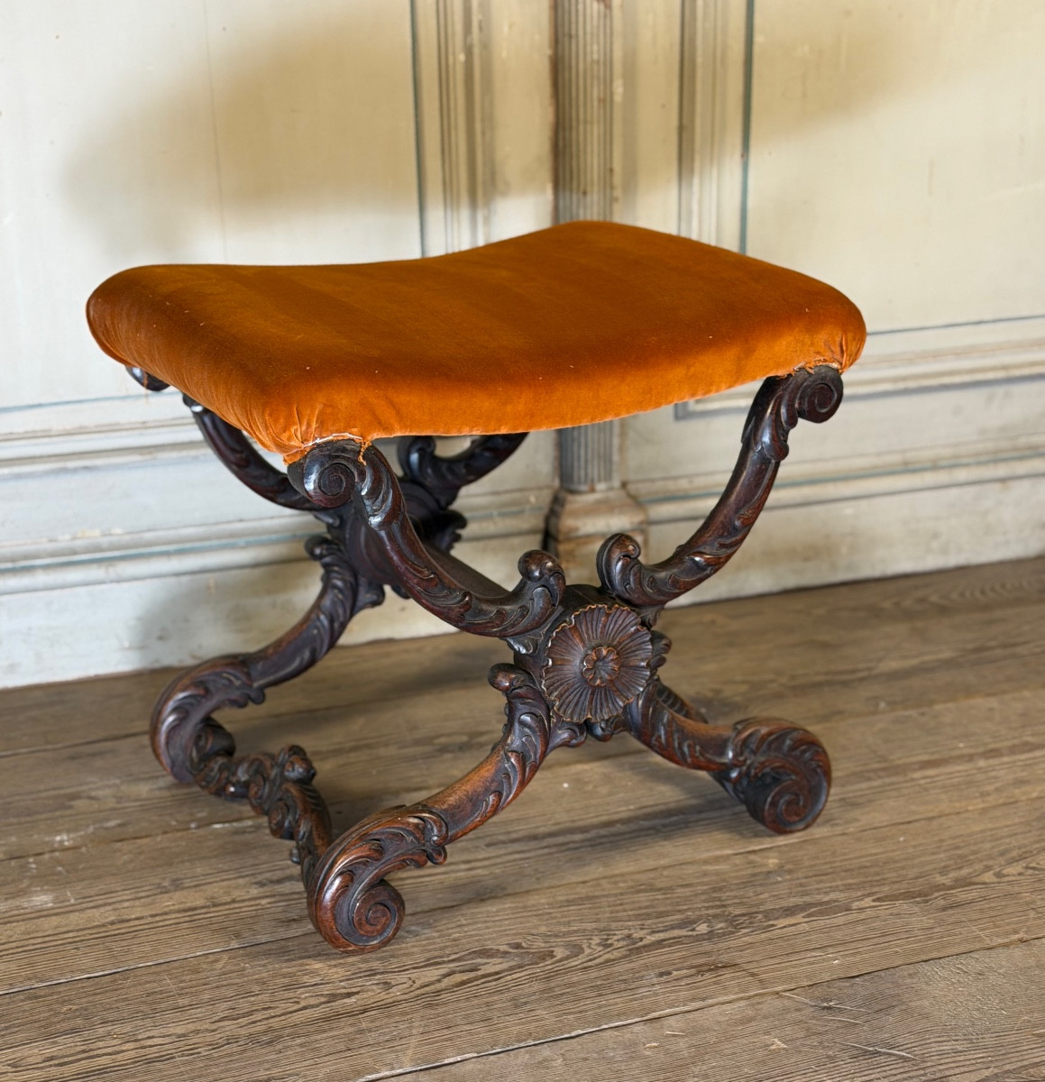 X-shaped Stool, Carved Wood, 19th Century