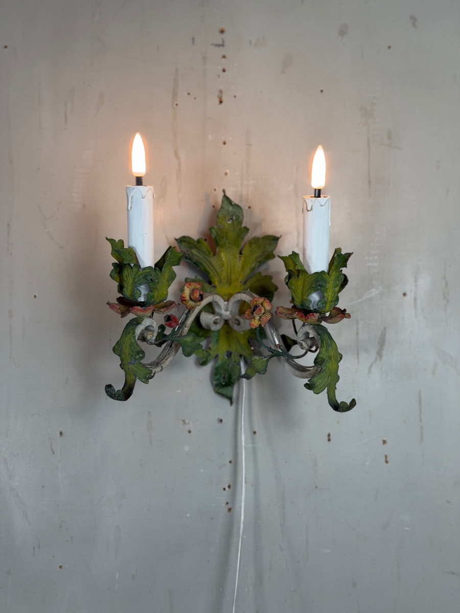 Pair Of Polychrome Metal Sconces With Flowers, Circa 1900-photo-3
