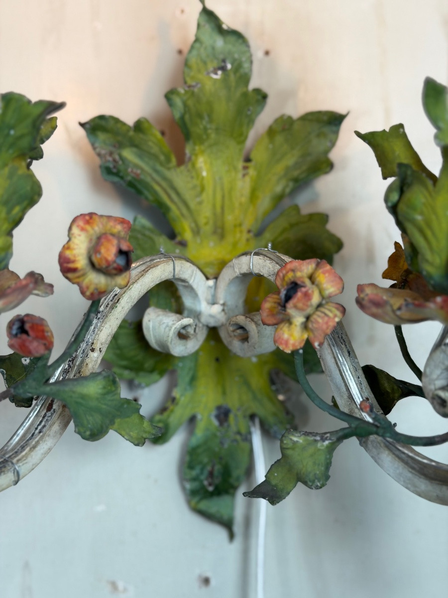 Pair Of Polychrome Metal Sconces With Flowers, Circa 1900-photo-4