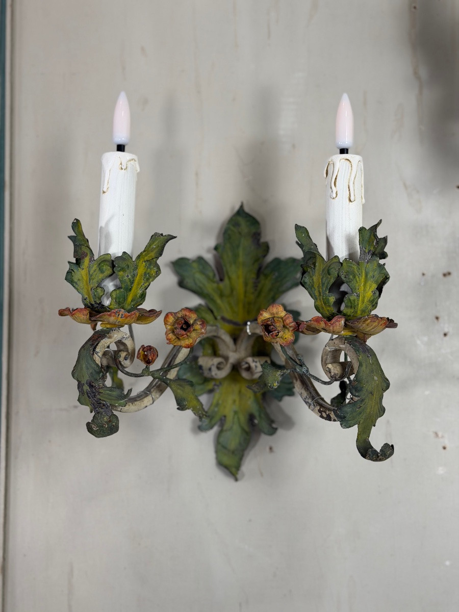 Pair Of Polychrome Metal Sconces With Flowers, Circa 1900-photo-1