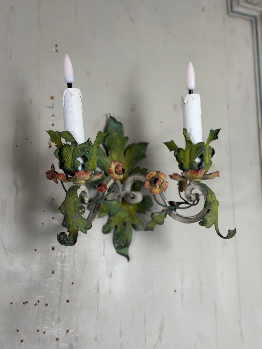 Pair Of Polychrome Metal Sconces With Flowers, Circa 1900-photo-2