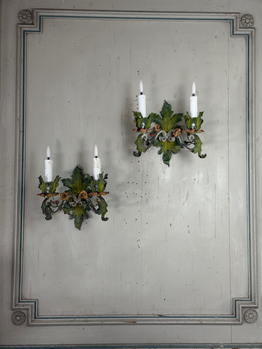 Pair Of Polychrome Metal Sconces With Flowers, Circa 1900-photo-5