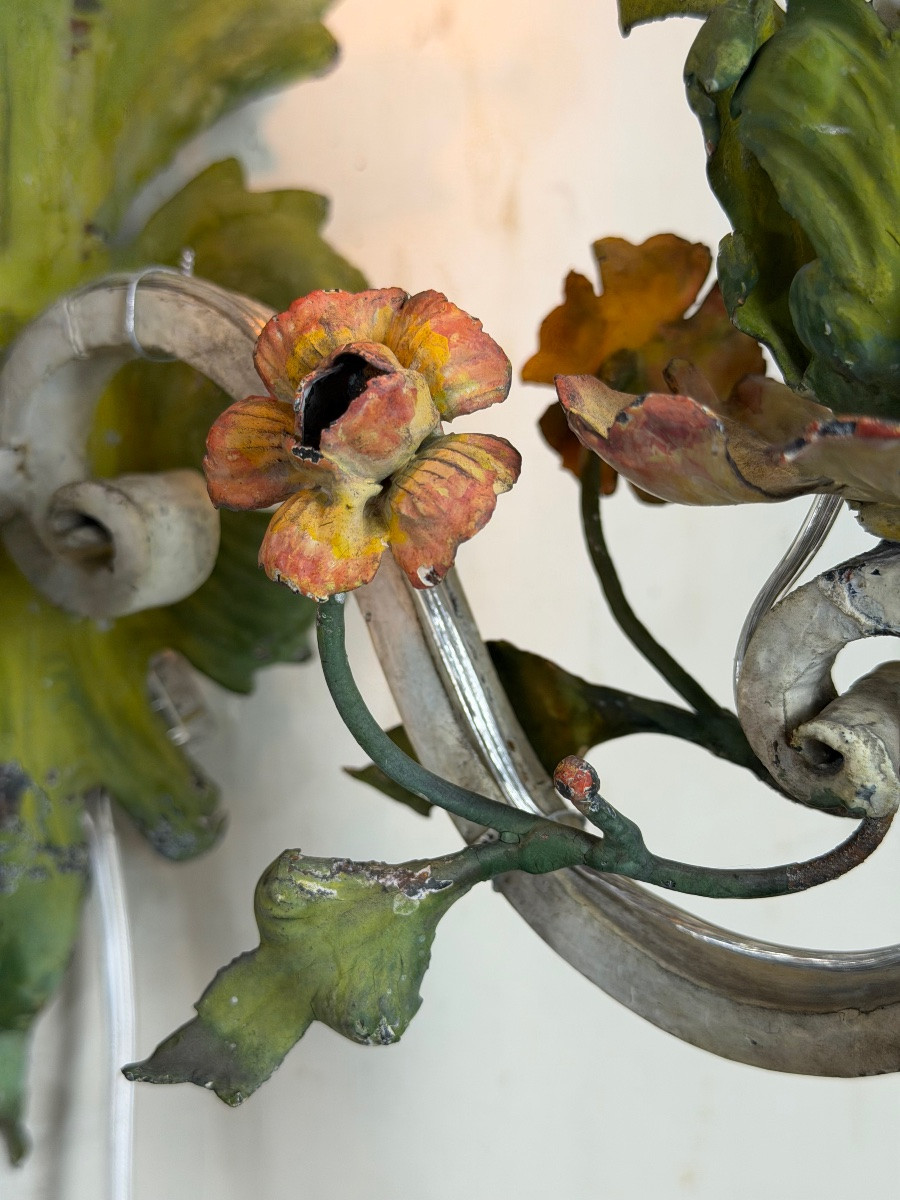 Pair Of Polychrome Metal Sconces With Flowers, Circa 1900-photo-6