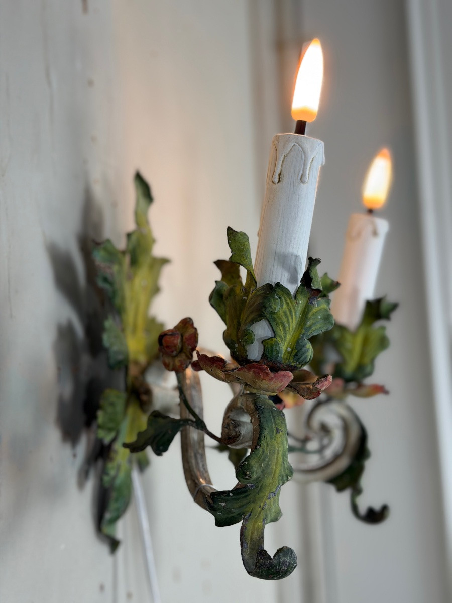 Pair Of Polychrome Metal Sconces With Flowers, Circa 1900-photo-7