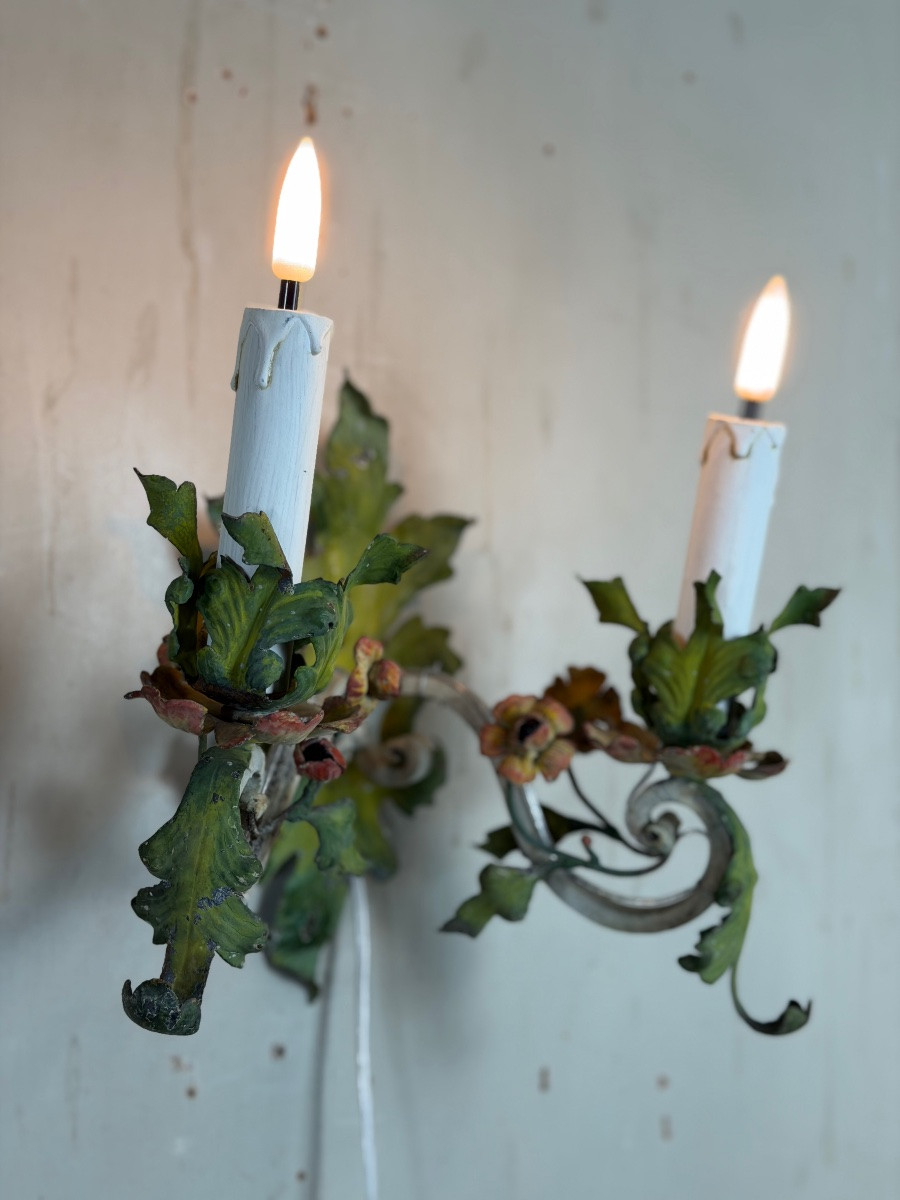 Pair Of Polychrome Metal Sconces With Flowers, Circa 1900-photo-8