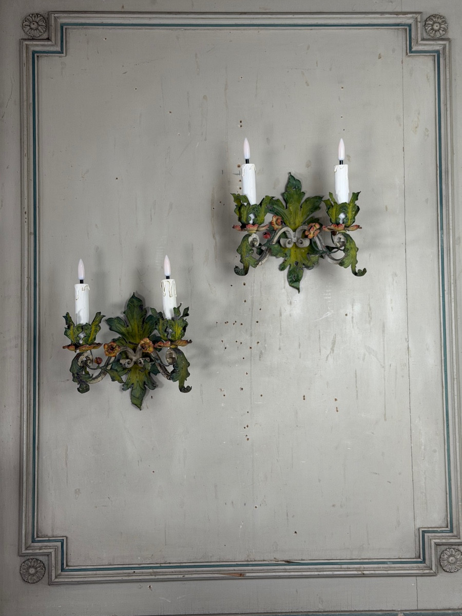 Pair Of Polychrome Metal Sconces With Flowers, Circa 1900