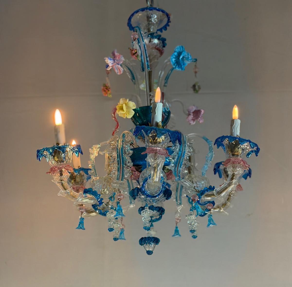 Lustre vénitien rezzonico en verre de Murano multicolore, vers 1920