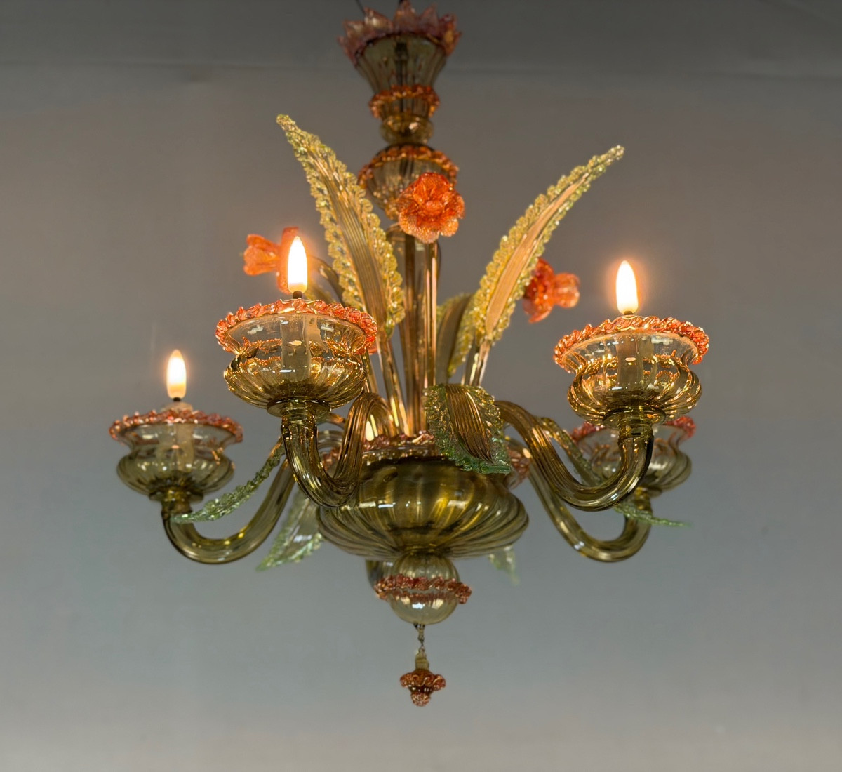 Lustre vénitien en verre de Murano vert et rouge, vers 1940 
