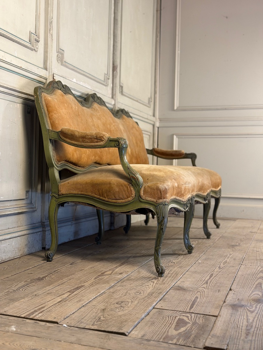 Banquette de style Louis XV en bois sculpté et peint, vers 1880-photo-2