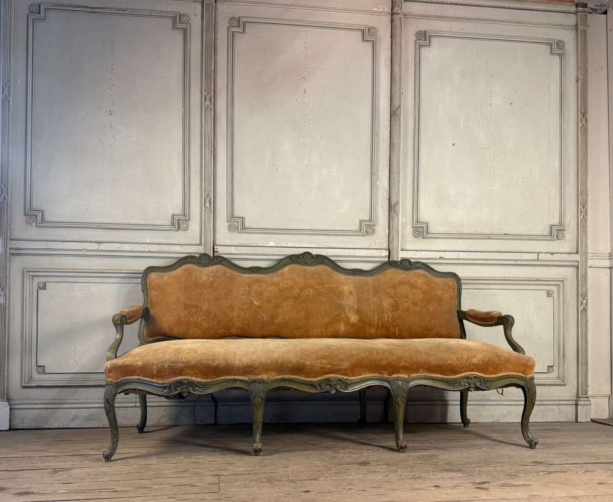 Banquette de style Louis XV en bois sculpté et peint, vers 1880-photo-3