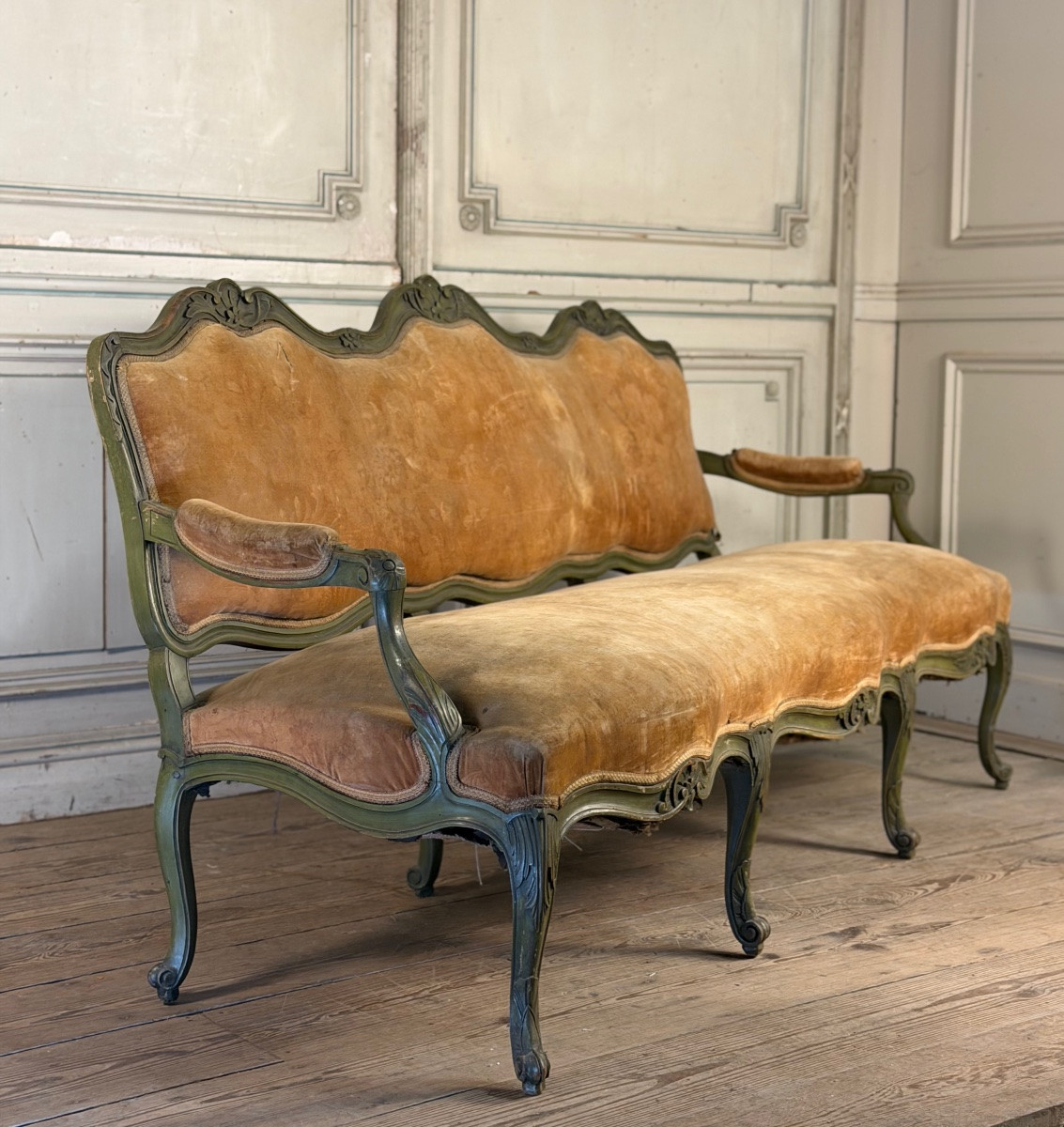 Banquette de style Louis XV en bois sculpté et peint, vers 1880-photo-2