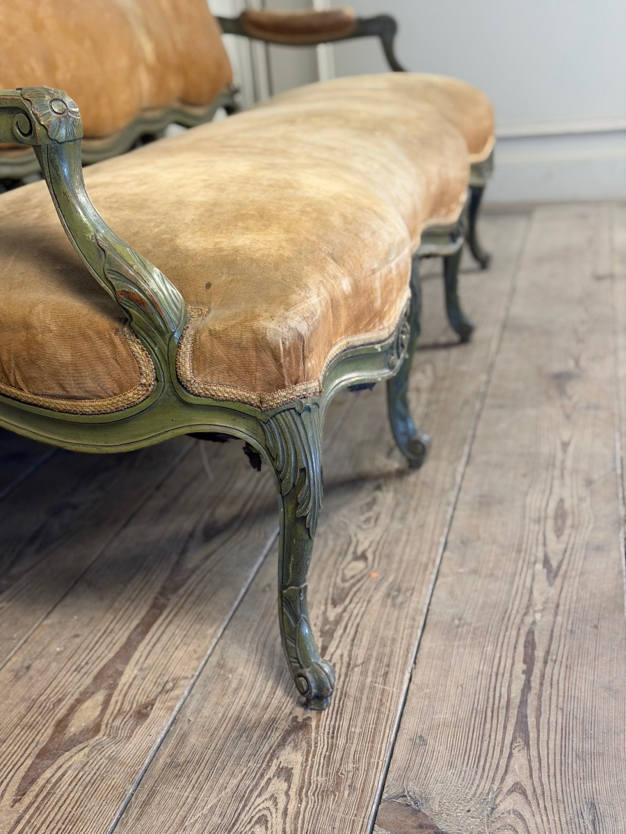 Banquette de style Louis XV en bois sculpté et peint, vers 1880-photo-4