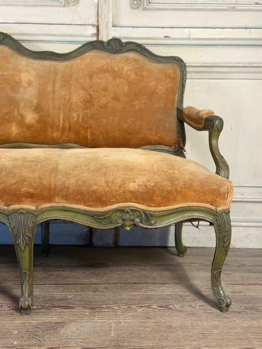 Banquette de style Louis XV en bois sculpté et peint, vers 1880-photo-6