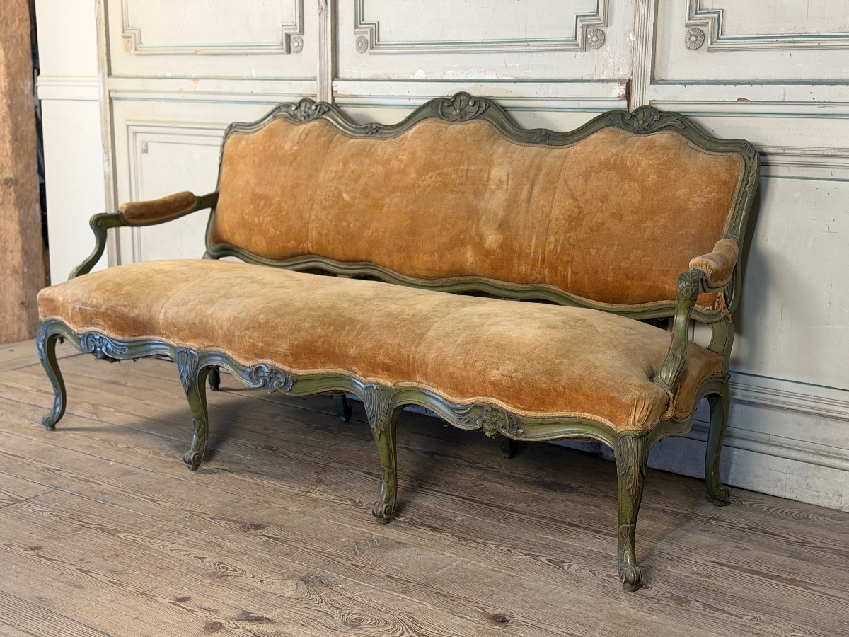 Banquette de style Louis XV en bois sculpté et peint, vers 1880-photo-7
