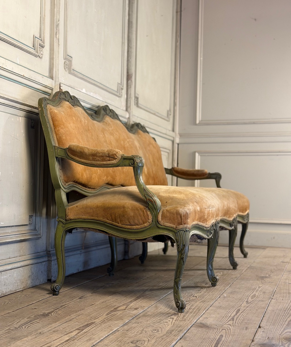 Banquette de style Louis XV en bois sculpté et peint, vers 1880-photo-8
