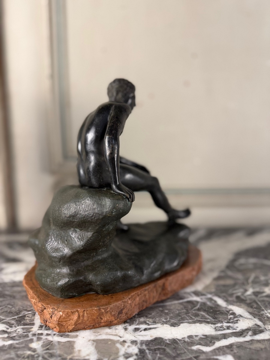 Hermes At Rest, Grand Tour Bronze, Black And Green Patina, 19th Century-photo-2