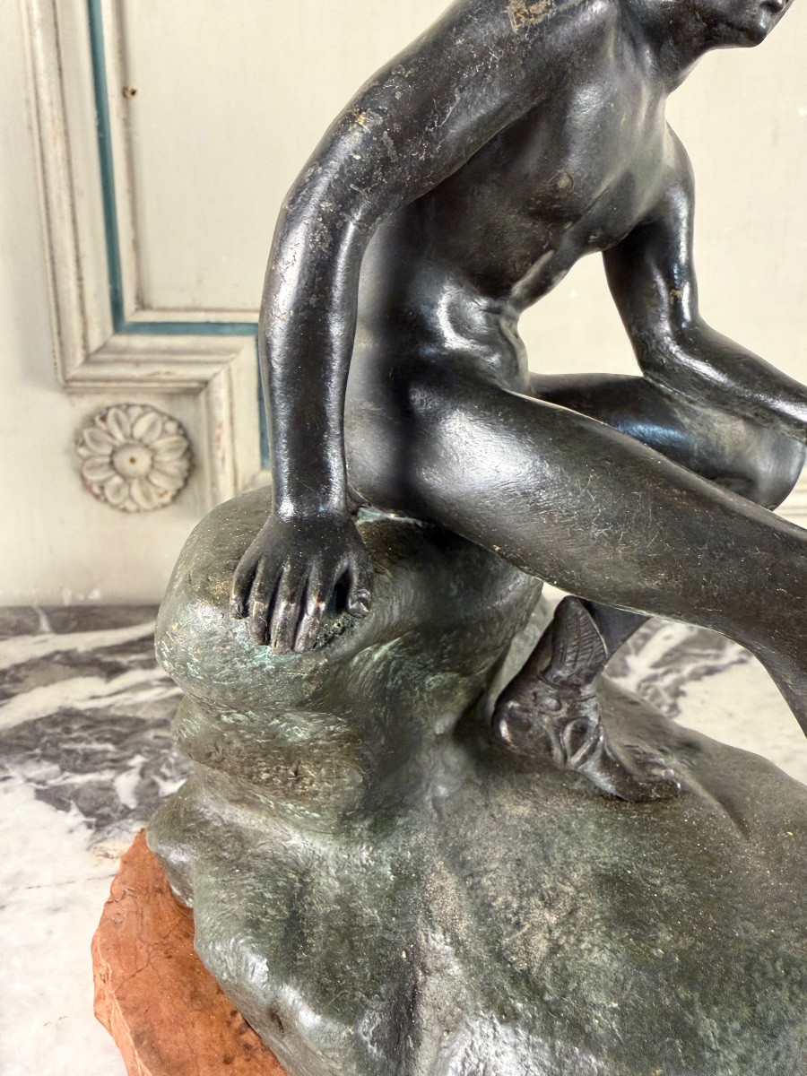Hermes At Rest, Grand Tour Bronze, Black And Green Patina, 19th Century-photo-5