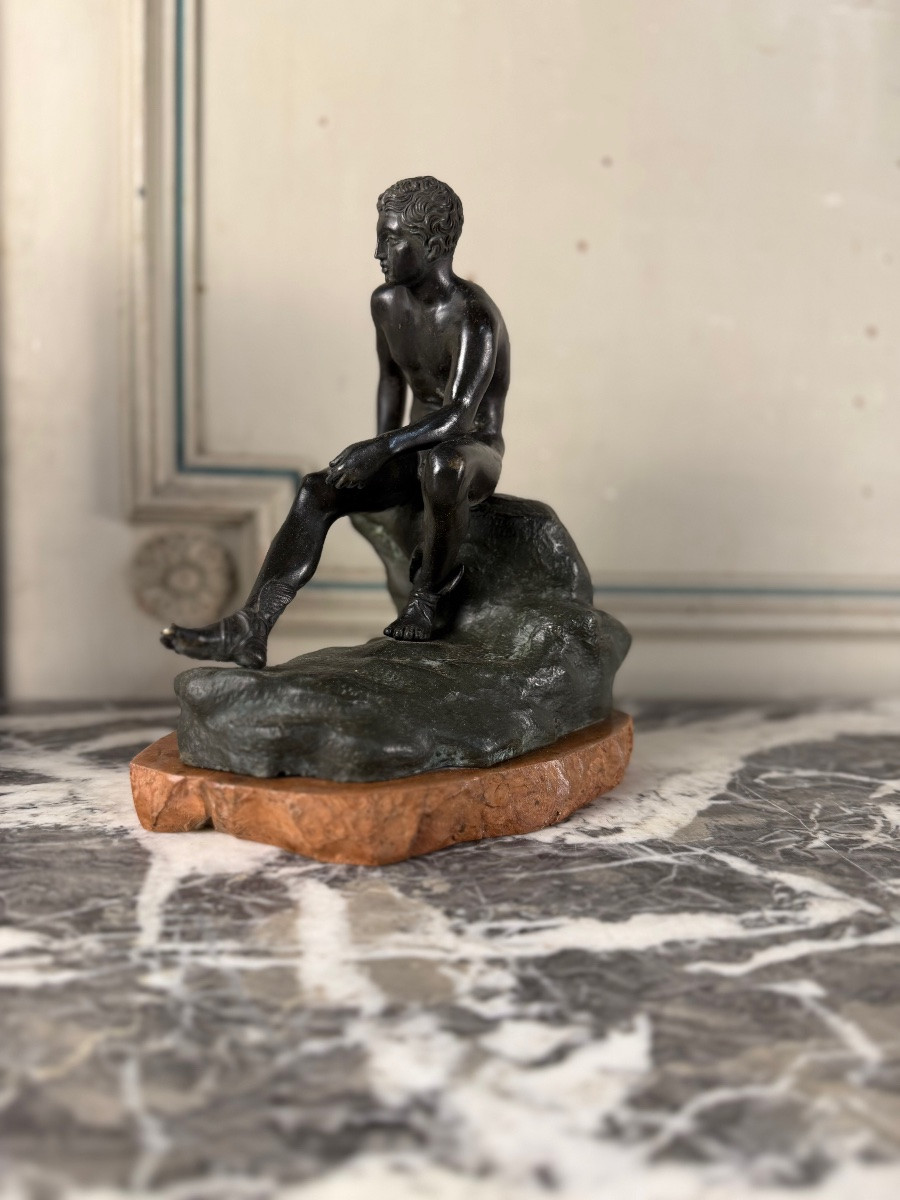 Hermes At Rest, Grand Tour Bronze, Black And Green Patina, 19th Century-photo-6
